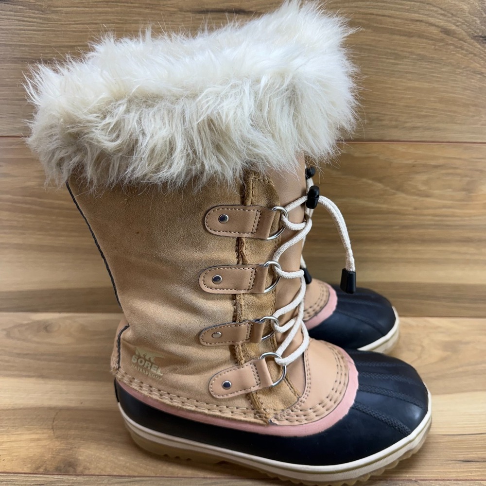Sorel Youth Joan Of Arctic Big Girls 4 Tan Beige Suede Faux Fur Snow Boots‎